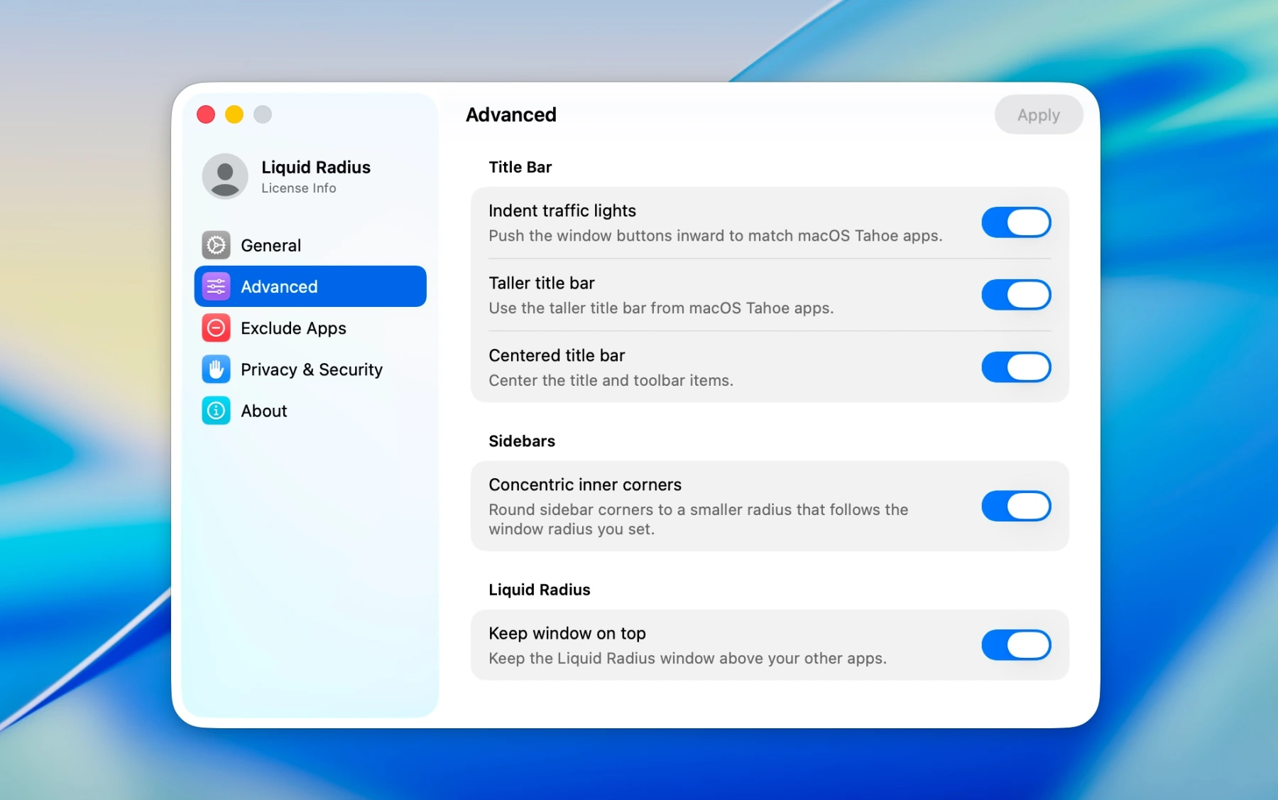 The Liquid Radius Advanced settings, with the concentric inner corners option for sidebars