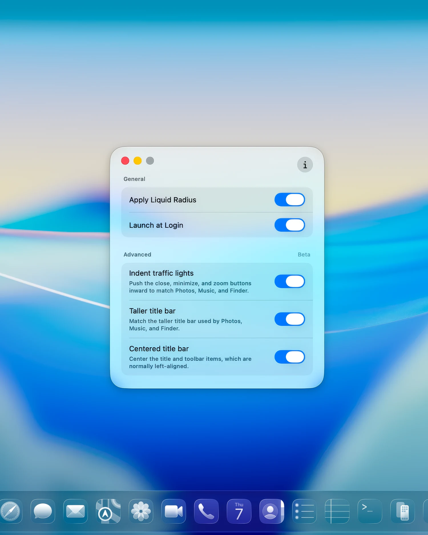 Liquid Radius settings window on a Mac desktop, showing General and Advanced toggles